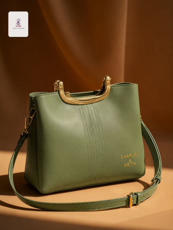 Olive Green Handbag with Gold Handle & Strap