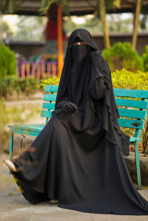Black 3-Layer Khimar with Niqab, Abaya & Gloves Set