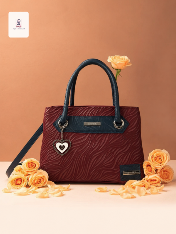 Maroon & Navy Two-Tone Handbag with Heart Charm