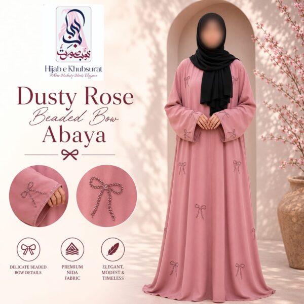 Dusty Rose Beaded Bow Abaya