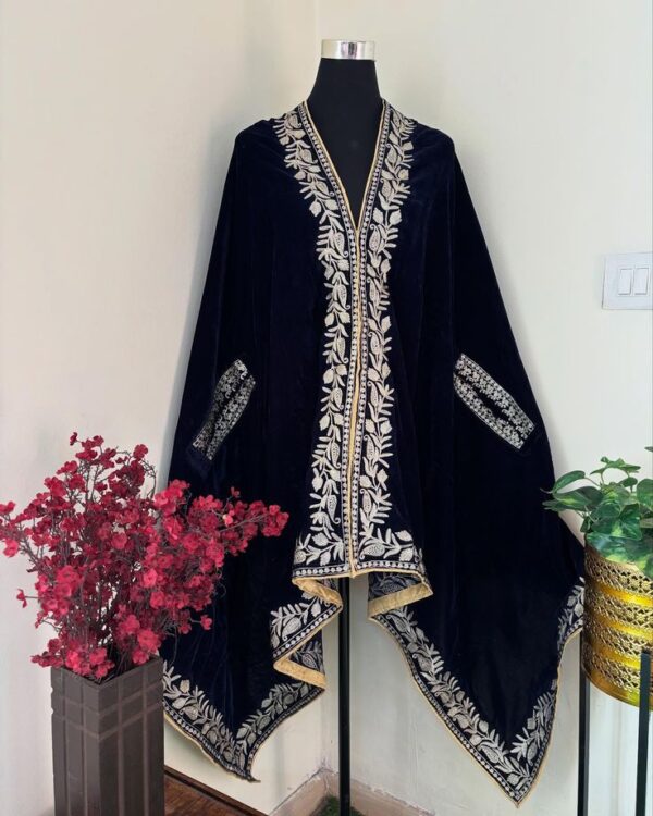 Navy Blue Velvet Embroidered Cape Shawl