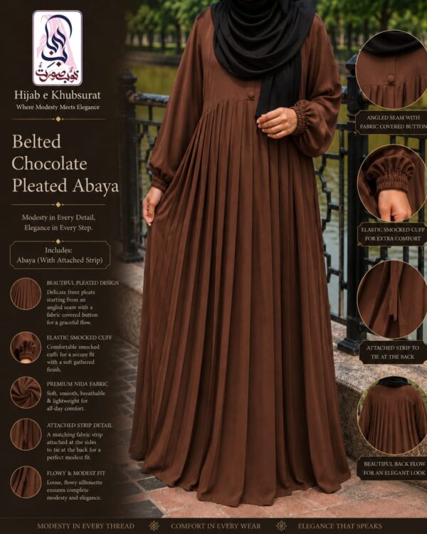 Belted Chocolate Pleated Abaya Set