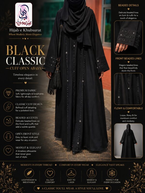 Black Classic Cuff Open Abaya